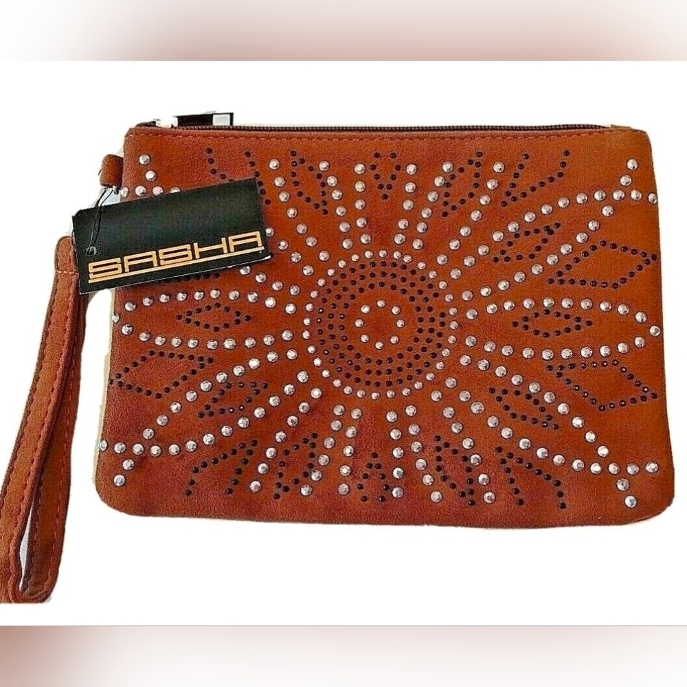 NEW WITH TAGS Sasha of NY Suede Clutch Studded Sunflower, Zips, wrist strap 9x6 - Picture 2 of 4